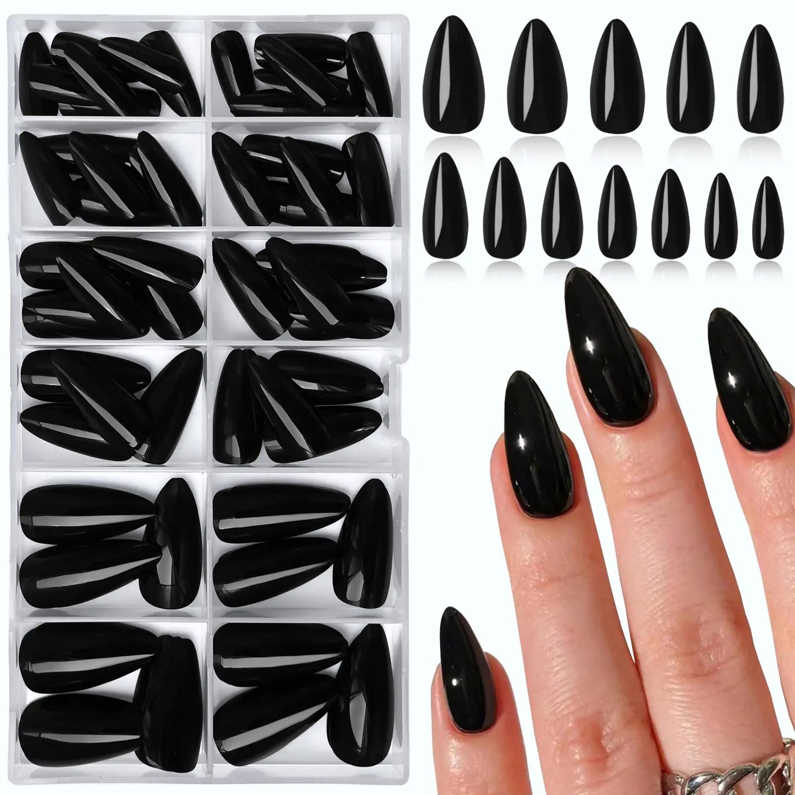 EternalClassic Black Press on Nails Medium Almond Fake Nails Full Cover Acrylic Nails Press ons Medium Almond Glossy False Nails Kit 120pcs Stick on Nails for Women